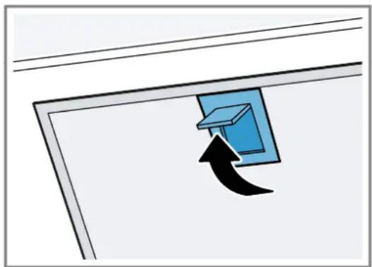 Simple diagram showing a blue box with a curved arrow pointing downward, mounted on a wall (no text or symbols)