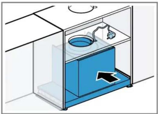 Diagram of a laboratory filtration unit with a blue container and a hanging dish, showing airflow direction (no text or symbols)