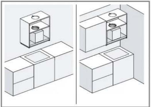 Isometric line drawings of a kitchen appliance layout with no text or symbols