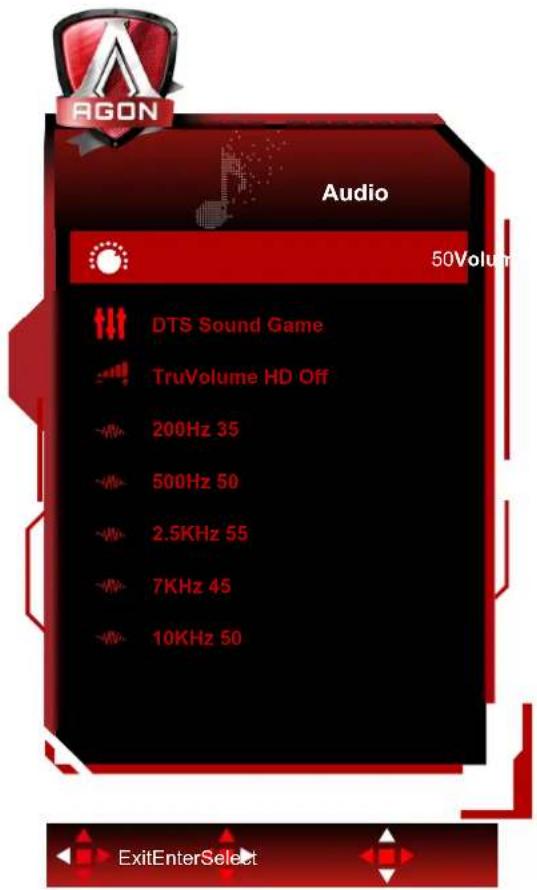 AGON Audio 50Volum DTS Sound Game TruVolume HD Off 200Hz 35 500Hz 50 2.5KHz 55 7KHz 45 10KHz 50 ExitEnterSelect