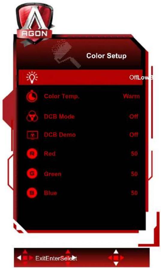 AGON Color Setup OffLow B Color Temp. Warm DCB Mode Off DCB Demo Off Red 50 Green 50 Blue 50 ExitEnterSelect