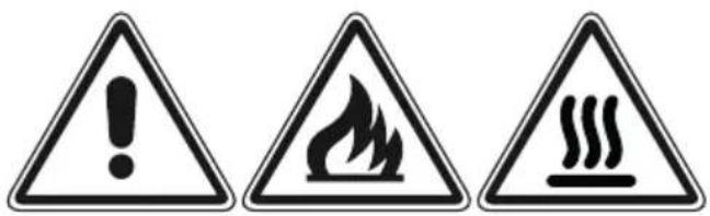 Warning sign with three triangular warning symbols: exclamation mark, flame symbol, and steam train icon
