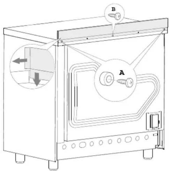 Technical diagram of a kitchen appliance with labeled parts A and B, showing internal components and directional arrows.