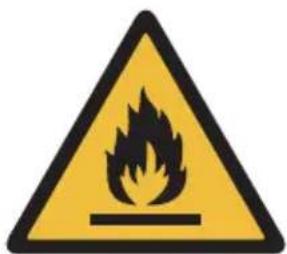 Pictogramme d'avertissement représentant une flamme en jaune et noir, indiquant un danger ou un état dangereux.