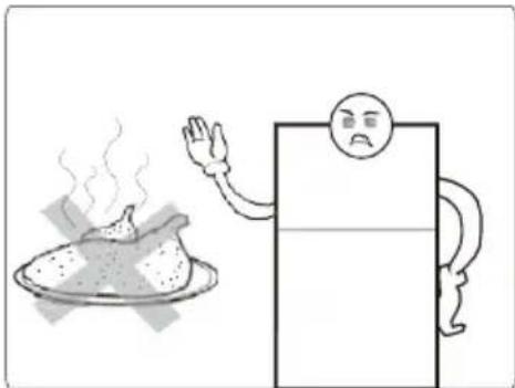 Illustration de dessin animé d'un plat fumant à côté d'un grand réfrigérateur vide avec un visage triste (sans texte ni symboles).
