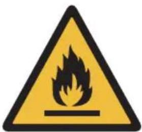 Panneau d'avertissement représentant une flamme en jaune et noir sur fond blanc