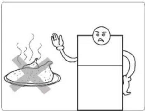 Illustration de dessin animé d'un plat fumant à côté d'un réfrigérateur avec un visage triste (sans texte ni symboles)