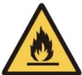 Pictogramme d'avertissement représentant une flamme avec un symbole de danger, couramment utilisé pour la sécurité ou la prévention des risques.