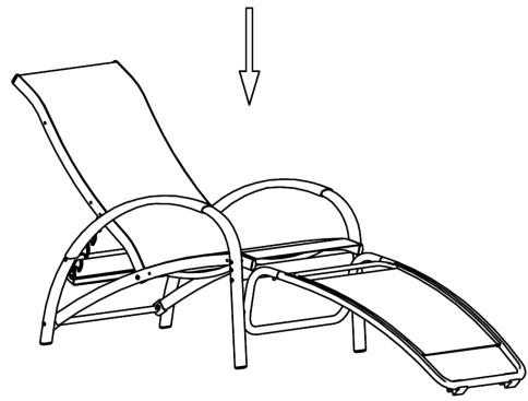 Line drawing of a lounge chair with adjustable armrest and seat, showing a downward arrow indicating motion (no text or symbols)
