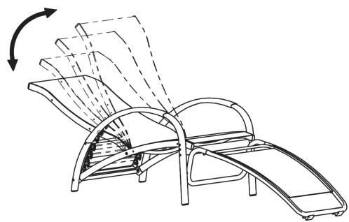 Line drawing of a lounge chair with curved backrest and armrest, showing folding and rotation arrows (no text or symbols)
