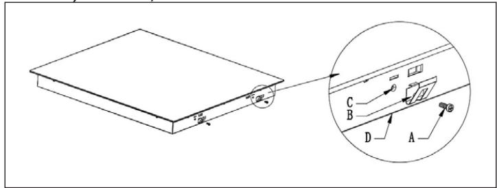 Technical diagram showing a rectangular block with a circular component and an inset view of a device labeled A, B, C, D.