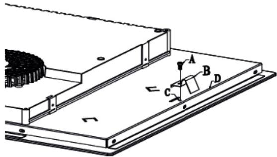 Technical diagram showing a mechanical assembly with labeled components A, B, C, D and directional arrows indicating motion or force.