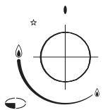 Simple line drawing of a target with a crosshair, flame, and droplet symbols (no text or labels)