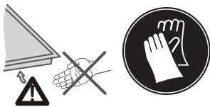 Warning symbols including a triangular warning sign, hand crossed-out, and a circular warning sign with a glove.