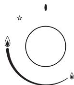 Simple line drawing of a circle with two flame-like shapes and a star, no text or symbols present.