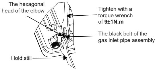 The hexagonal head of the elbow Tighten with a torque wrench of 9±1N.m The black bolt of the gas inlet pipe assembly Hold still