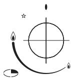 Simple line drawing of a target with candle, star, and curved lines (no text or symbols)