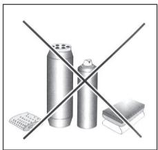 Crossed safety symbols including a spray can, a paint can, and a box (no text or labels)