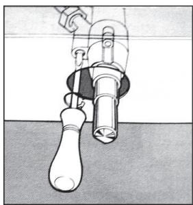Illustration of a mechanical valve assembly with a handle and lever (no text or symbols)
