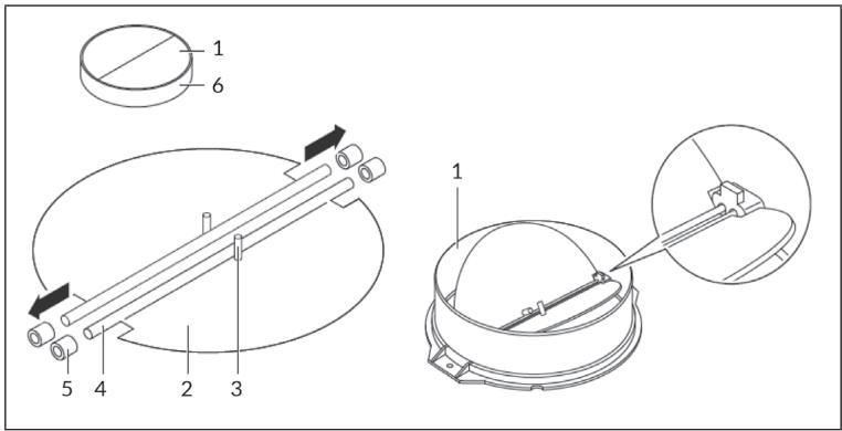 Technical diagram of a mechanical device with numbered components and directional arrows indicating assembly or assembly.