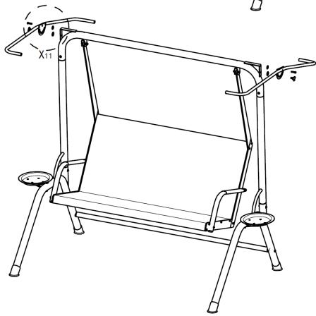 Line drawing of a simple folding table frame with supports and legs, no text or symbols present