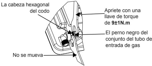 La cabeza hexagonal del codo No se mueva Apriete con una llave de torque de 9±1N.m El perno negro del conjunto del tubo de entrada de gas