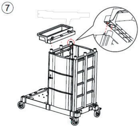 Technical diagram of a mechanical cart with an inset showing a close-up detail of the component's assembly.