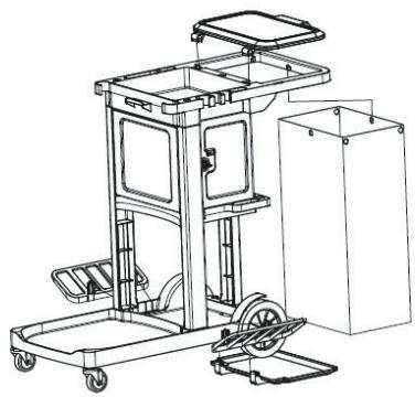 Technical line drawing of a mechanical cart with wheels and a cabinet (no text or symbols)