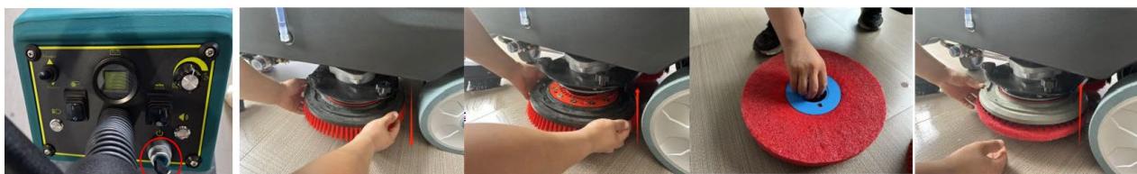 Five-panel sequence showing a cleaning or cleaning procedure: tool, brush, and floor tiles with hands adjusting components (no visible text or symbols)