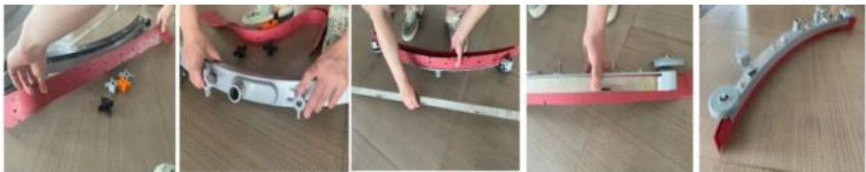 Five-panel sequence showing a person assembling a red and silver curved mechanical component on a wooden floor, with no visible text or symbols.
