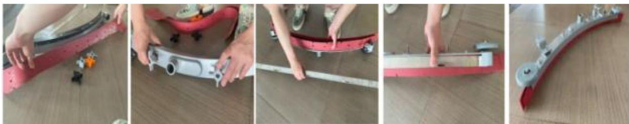 Five-panel sequence showing hands assembling a red and silver mechanical component on a wooden floor, with no visible text or symbols.