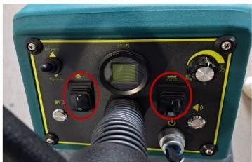 Close-up of a green industrial control panel with buttons and dials (no visible text or symbols)