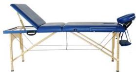 Blue medical examination table with adjustable armrest and backrest (no text or symbols visible)