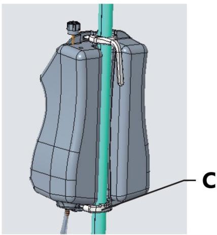 3D mechanical component diagram with pipe fittings and a green vertical line, no visible text or symbols