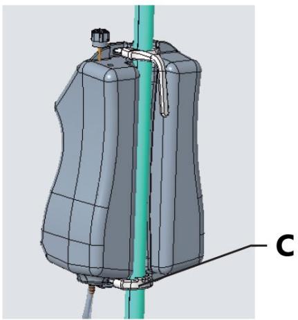 3D mechanical component with pipe fittings and a green vertical line, labeled 'C' (no text or symbols on the object itself)