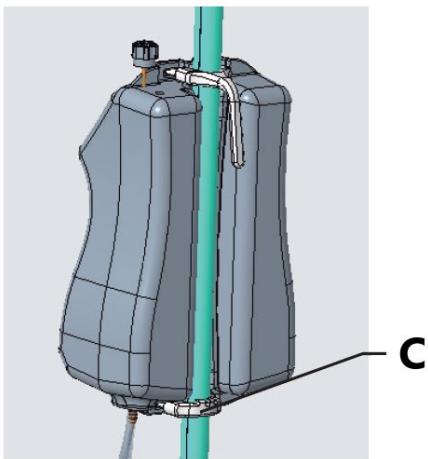 3D mechanical component diagram with pipe fittings and a vertical green line, labeled 'C' (no text or symbols on the object itself)