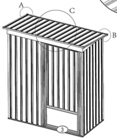 Technical line drawing of a rectangular structure with three labeled points (A, B, C) and a numbered label (3), showing vertical slats and a central opening (no text or symbols beyond labels)