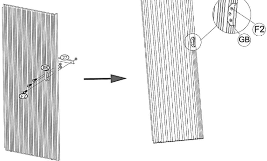 Diagram illustrating a structural change from a vertical panel to a textured surface, with labeled components F2 and GB.