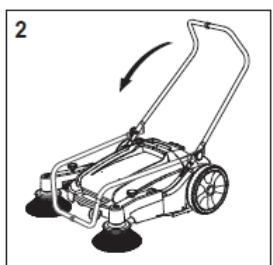 Line drawing of a manual lawn mower with handle and wheels (no text or symbols)