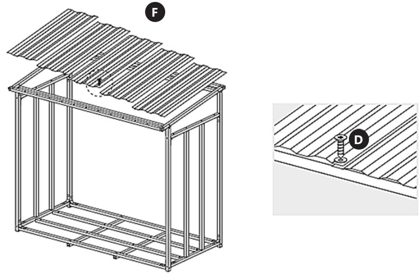 Technical line drawing of a metal frame structure with a labeled component (F and D), showing internal components and mounting details (no text or symbols beyond labels)