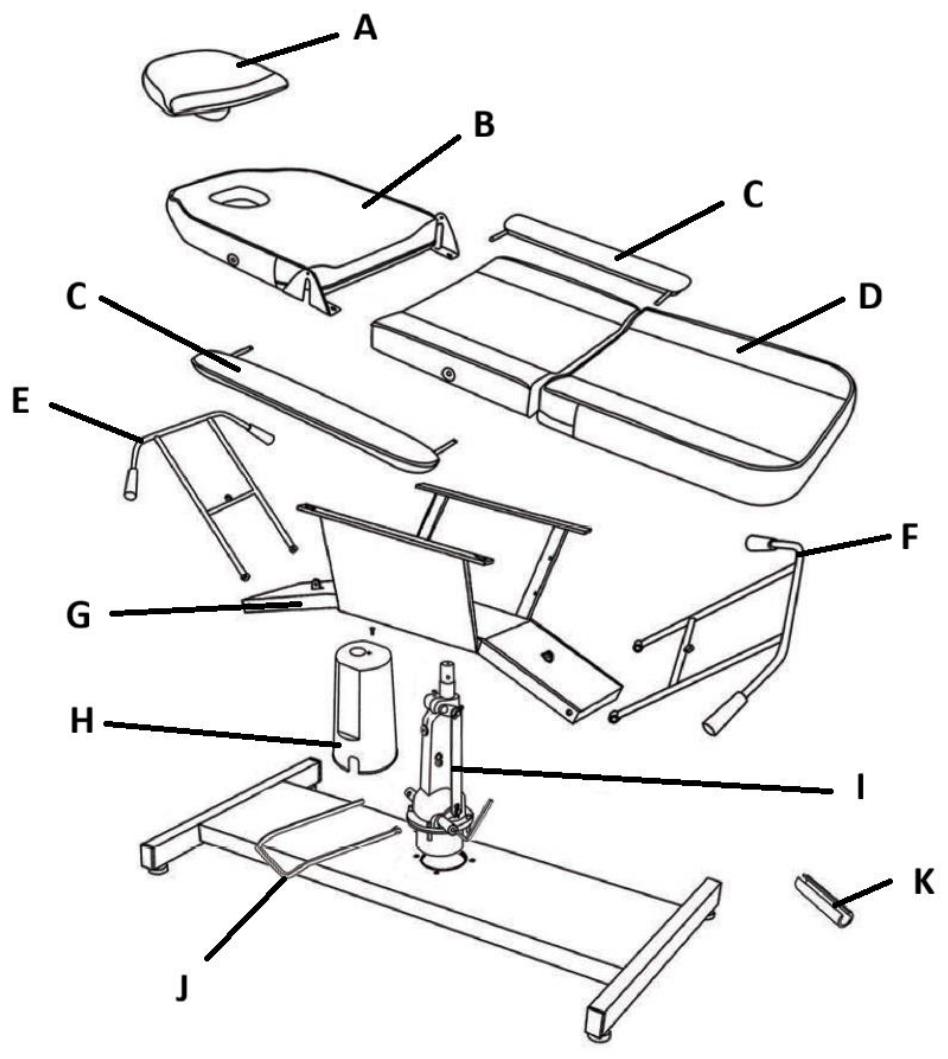 Technical diagram of a medical examination machine with labeled parts from A to K