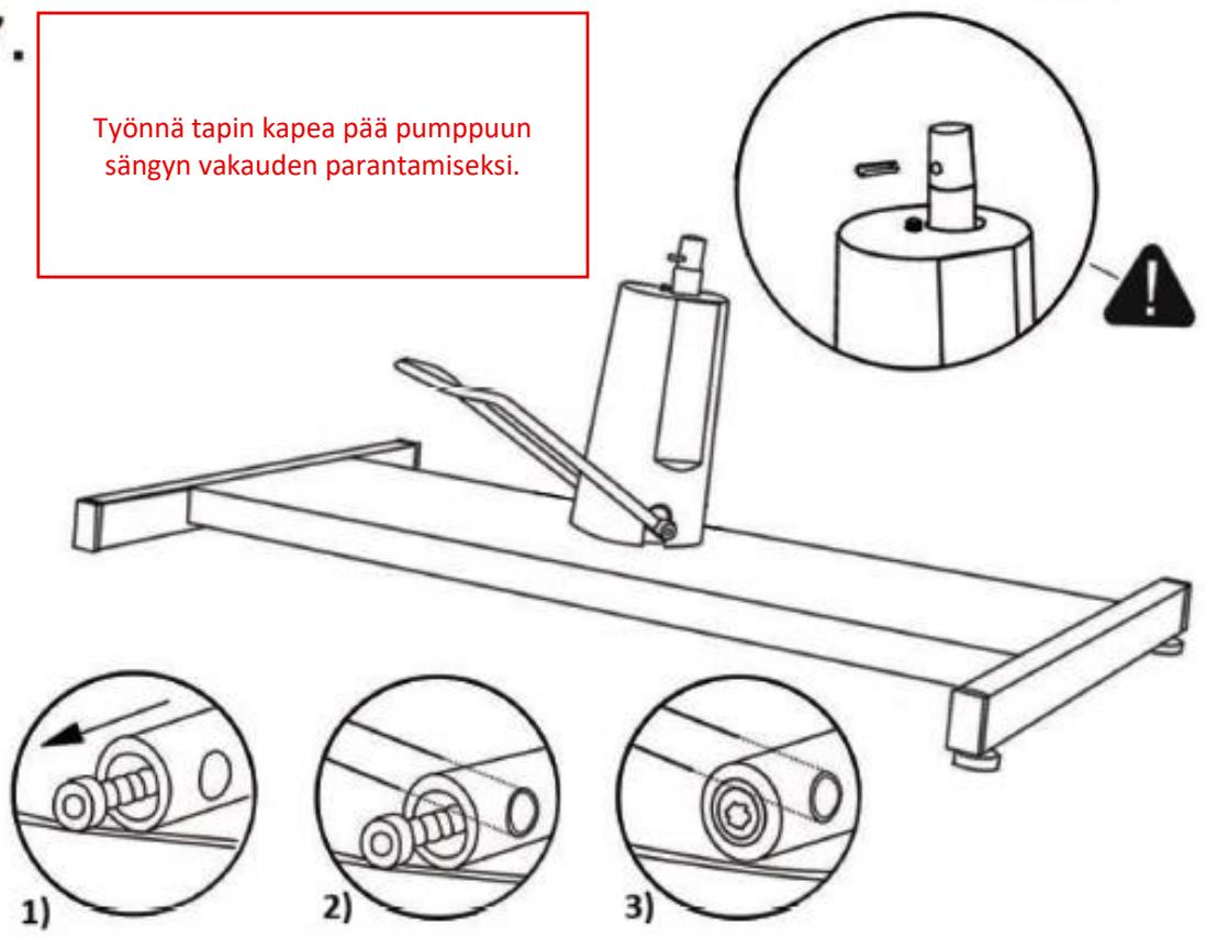 Työnnä tapin kapea pää pumppuun sängyn vakauden parantamiseksi.