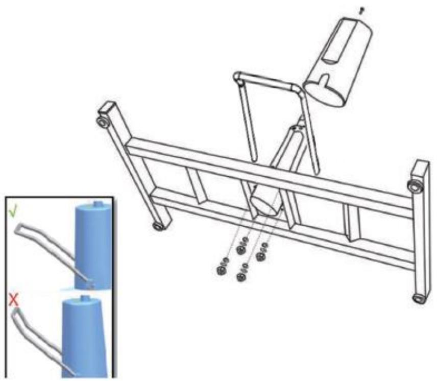 Technical line drawing of a mechanical support structure with a magnified inset showing a blue cylindrical component (no text or symbols)