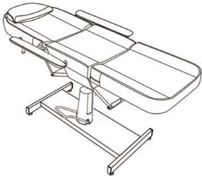 Line drawing of a medical examination table with adjustable arms and legs (no text or symbols)
