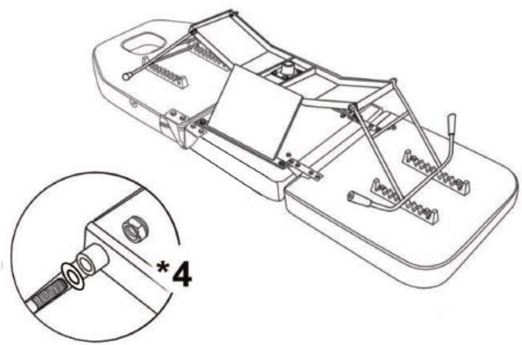 Technical line drawing of a vehicle chassis with structural components and a magnified inset showing a bolt detail (no text or symbols)