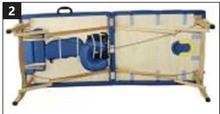 Open blue and beige folding chair with internal compartments and handle (no text or symbols visible)