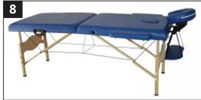 Blue medical examination table with adjustable armrest and backrest (no text or symbols visible)