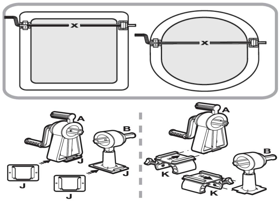 Technical diagram showing exploded and assembled views of electrical switchgear components with labeled parts A, B, and J.