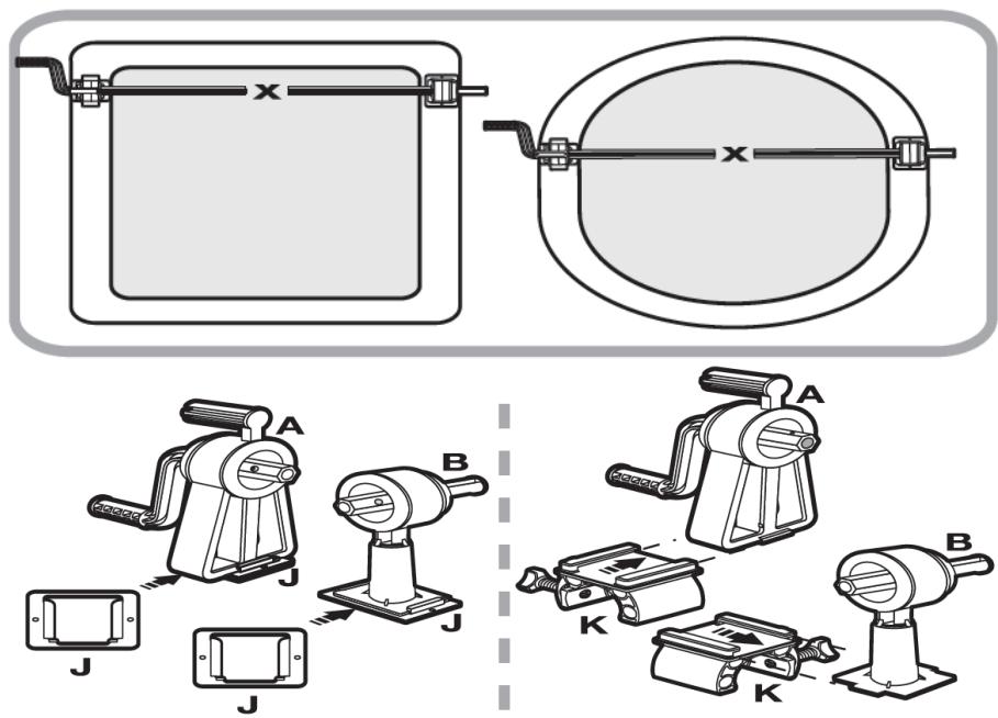 Technical diagram showing mechanical assembly with labeled components A, B, and J, including a grid-like structure and a separate view of the same parts.