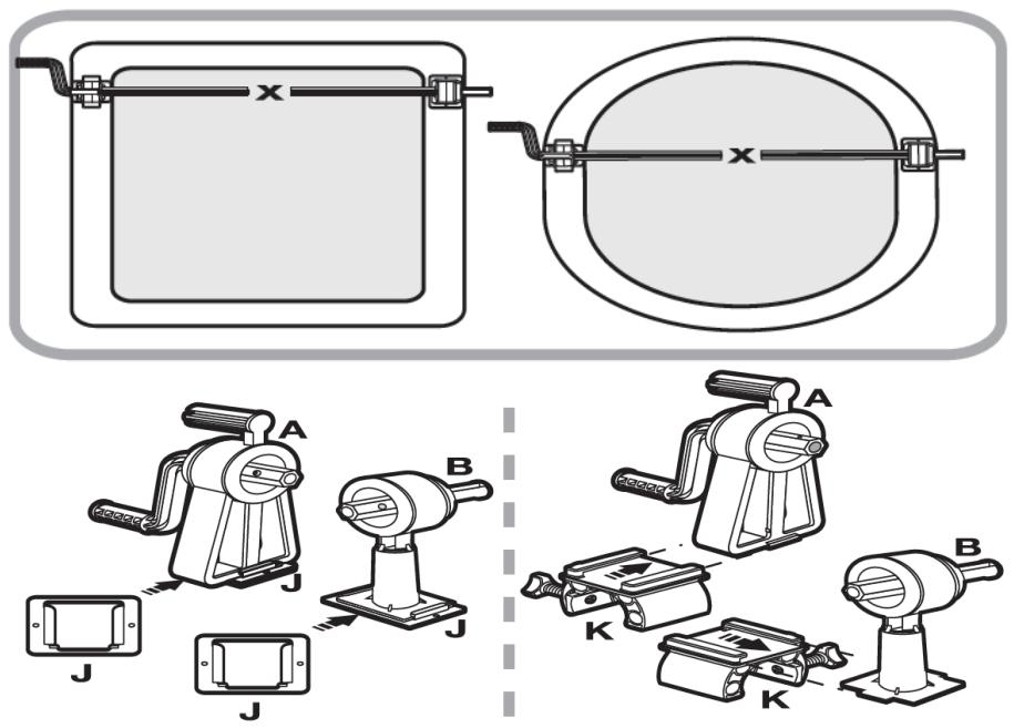 Technical diagram showing exploded and assembled views of electrical switchgear components with labeled parts A, B, and J.